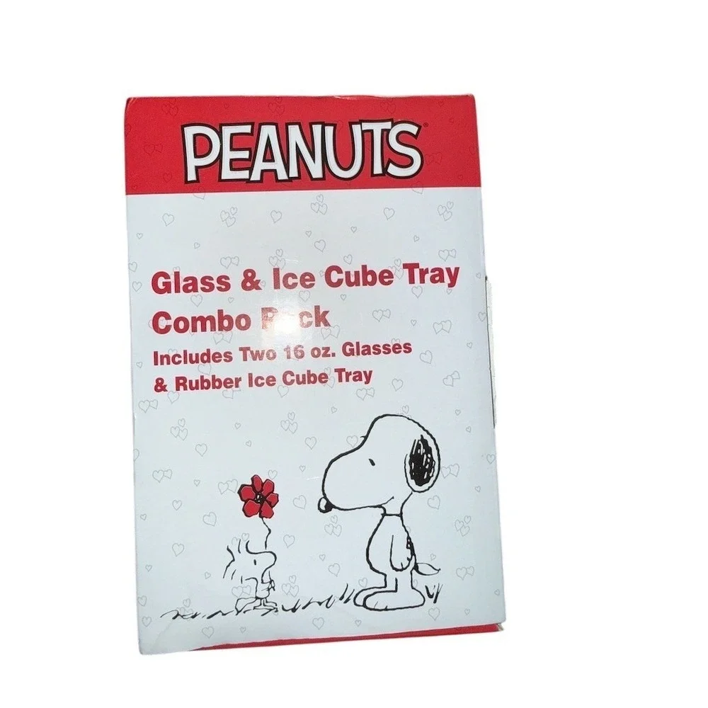 Peanuts Snoopy Valentine 16oz Glass Tumblers Set w Ice Cube Tray‎ Charlie Brown